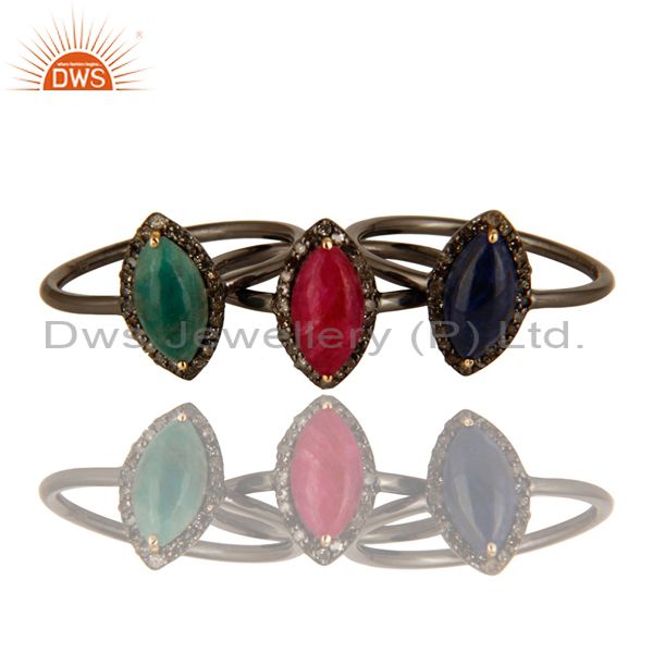 14K Yellow Gold Emerald, Blue Sapphire And Ruby Stacking Ring With Pave Diamond