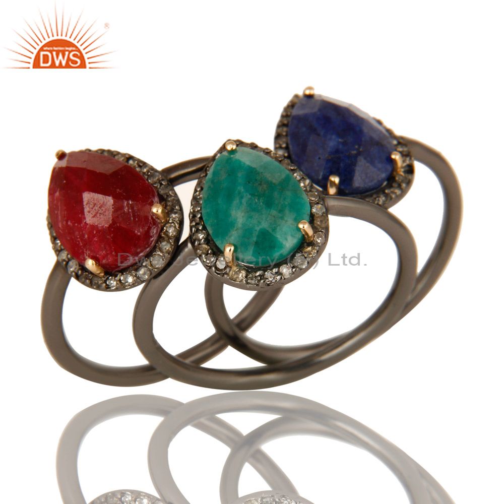 14K Gold Pave Diamond Ruby, Emerald And Blue Sapphire Stack 3 Pieces Ring Set