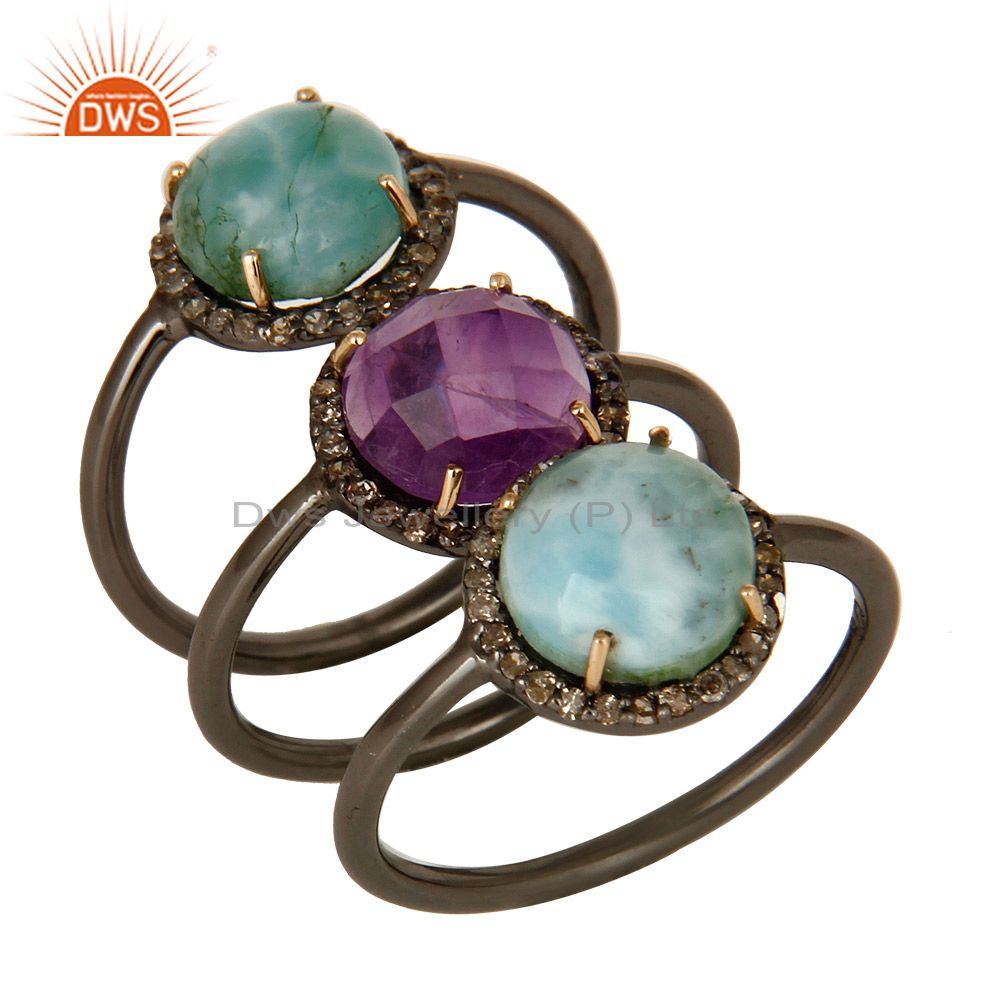 14K Yellow Gold Pave Diamond Amethyst And Larimar Stacking 3 Pieces Ring Set