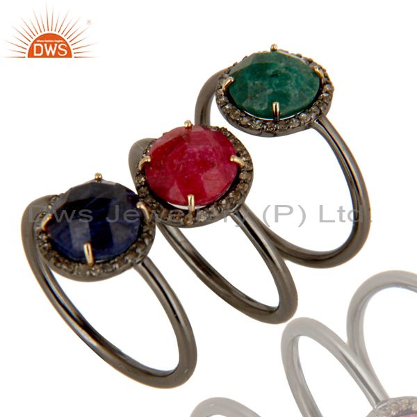 Ruby, Emerald And Blue Sapphire Pave Set Diamond Stack Ring Made In 14K Gold