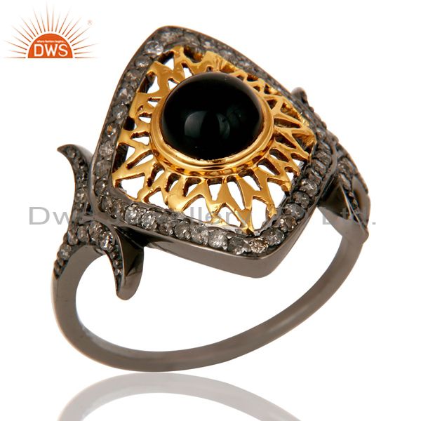 Black Onyx and Pave Diamond Ethenic Designer Black Oxidized Sterling Silver Ring