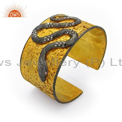 22K Yellow Gold Plated Sterling Silver CZ Designer Snake Cuff Bangle Bracelet