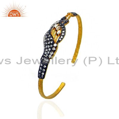 24K Yellow Gold Plated Sterling Silver White Cubic Zirconia Cuff Bracelet Bangle