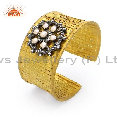 18K Yellow Gold Plated Sterling Silver Pearl & CZ Polki Antique Look Cuff Bangle