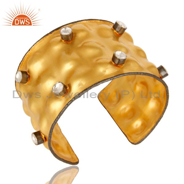18K Yellow Gold Plated Brass Crystal Polki Wide Cuff Bracelet Jewelry