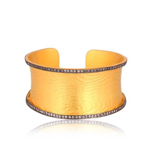 24K Yellow Gold Plated Sterling Silver Cubic Zirconia Studded Wide Cuff Bangle