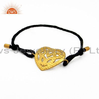 18K Yellow Gold Plated Sterling Silver Heart Charm Macrame Bracelet Jewelry