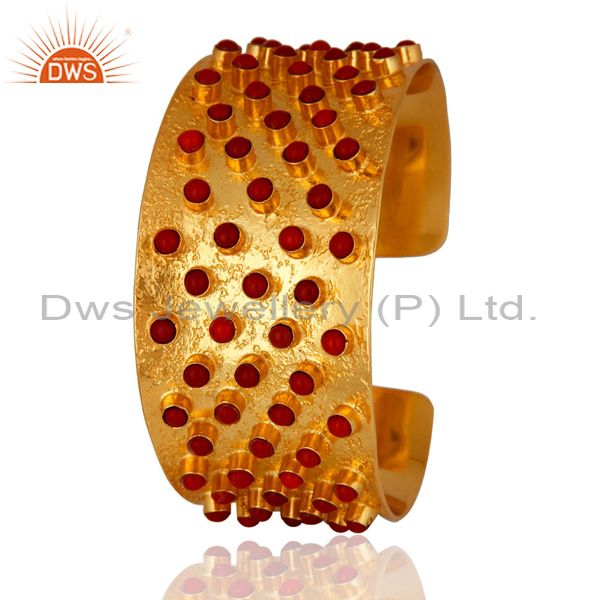 24K Yellow Gold Plated Brass Red Coral Fashion Cuff Bracelet Wide Bangle Jewelry