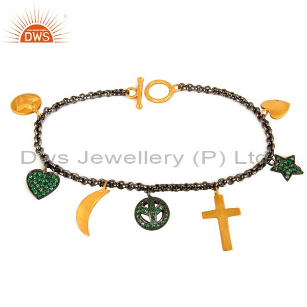 18K Gold And Black Rhodium Plated Emerald Green CZ Charms Ladies Chain Bracelet