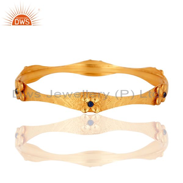 22-Carat Yellow Gold Plated Textured Design Bangle With Blue Cubic Zirconia