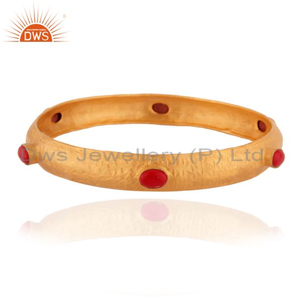 925 Sterling Silver Red Coral Natural Gemstone 24k Gold Plated Stackable Bangle