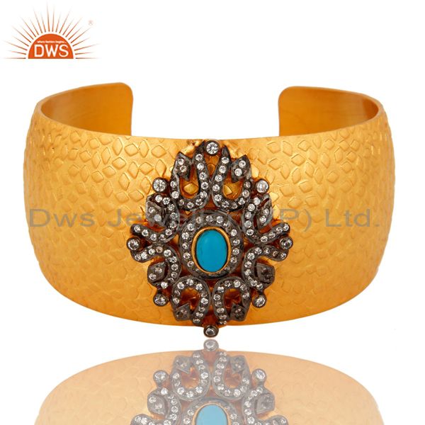 24k yellow gold plated brass textured cuff bracelet with turquoise and cz