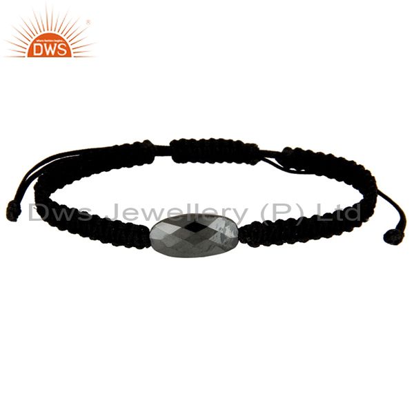 Natural hematite faceted gemstone nugget black cord macrame adjustable bracelet