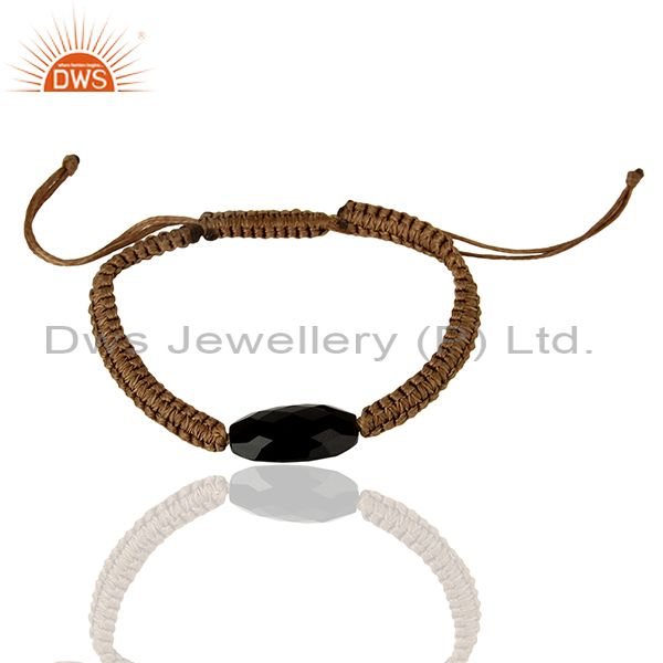 Faceted gemstone black onyx wrap adjustable brown cord macrame bracelet