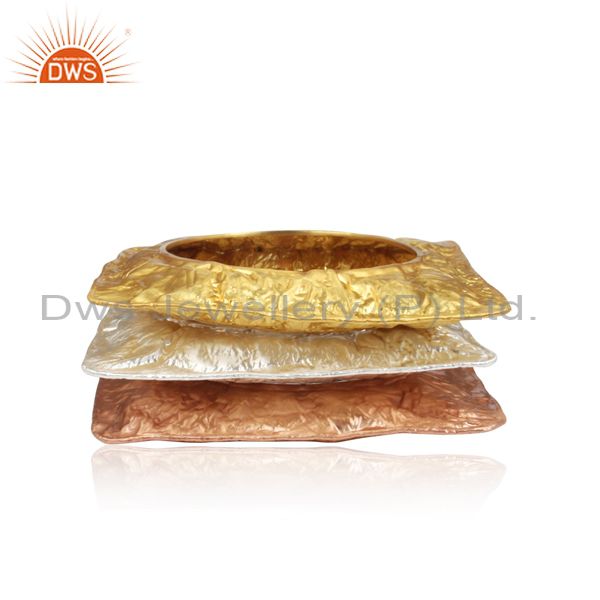 Handcrafted 925 silver chunky square bangle gold plated 3 pcs set