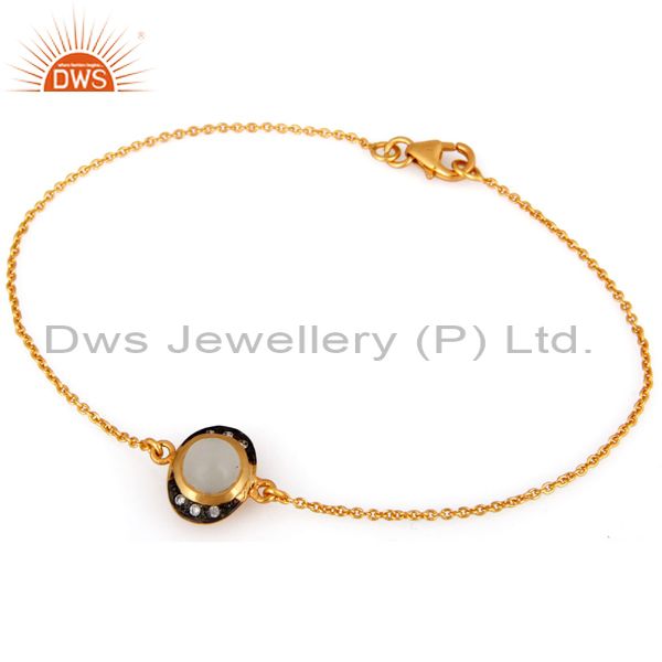 18k yellow gold plated sterling silver white moonstone chain bracelet with cz