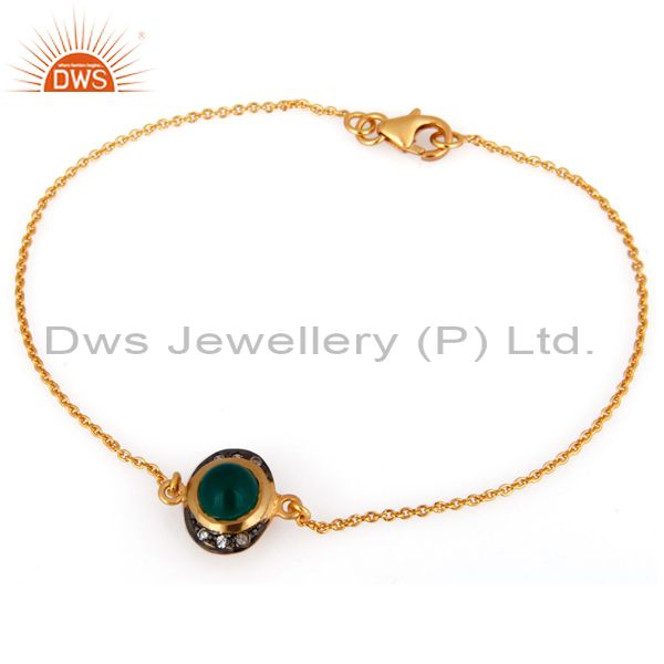 18k gold plated sterling silver green onyx and cz chain bracelet 7.50" inch
