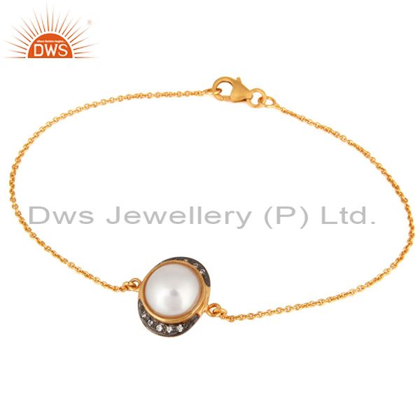 Natural pearl & cz sterling silver womens fashion bracelet with gold plated