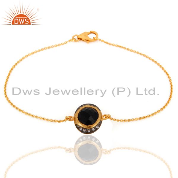 18k gold plated sterling silver black onyx and cz fashion chain bracelet