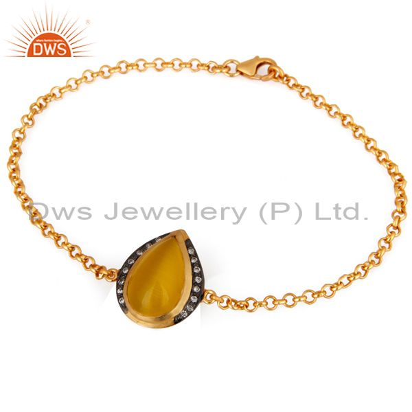 Yellow moonstone & cubic zirconia womens fashion bracelet in 18k gold on silver