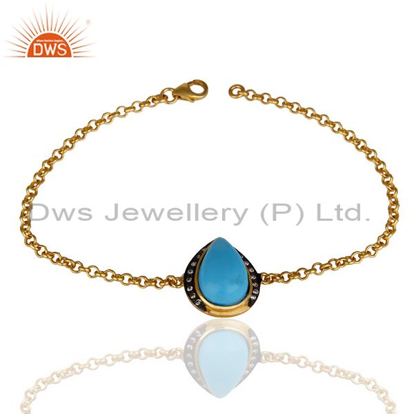 14k yellow gold plated 925 sterling silver handmade turquoise cz chain bracelet