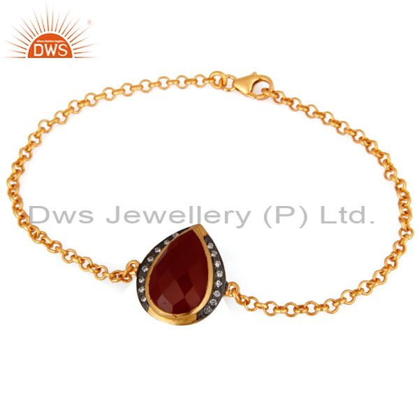 18k yellow gold plated sterling silver chain bracelet with red onyx and cz