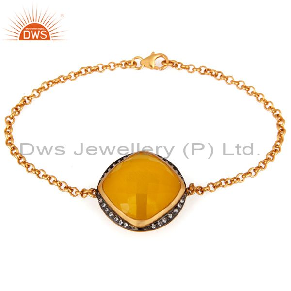 Yellow moonstone and cz sterling silver chain bracelet - gold plated jewelry
