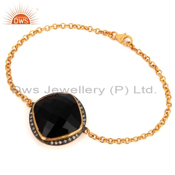 Black onyx and white zircon gold plated sterling silver chain bracelet