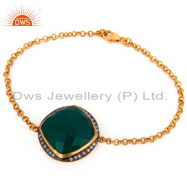 18k gold plated 925 sterling silver green onyx gemstone fashion bracelet jewelry