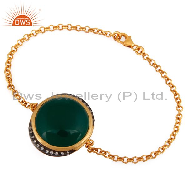 18k gold plated sterling silver green onyx gemstone bracelet with cz