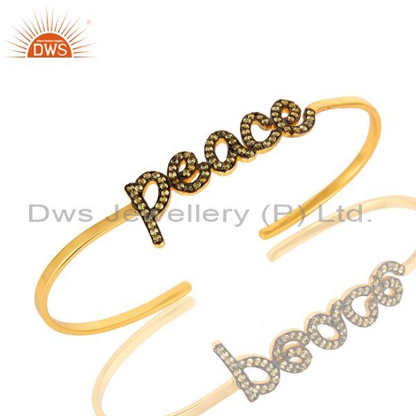 Shiny 18k gold plated sterling silver peridot peace open cuff bangle bracelet