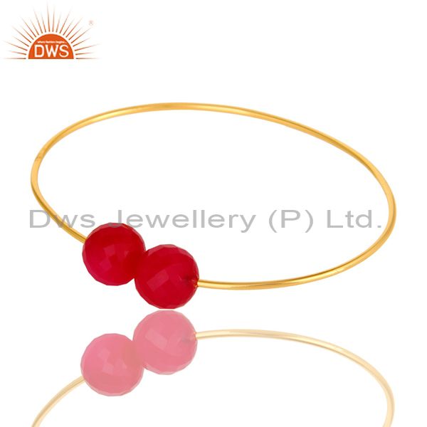 14k yellow gold plated sterling silver faceted pink chalcedony adjustable bangle