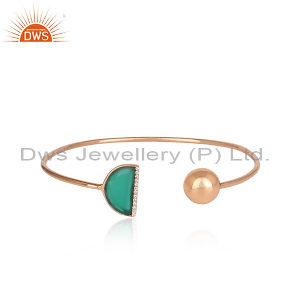 Green Onyx Moon And Cubic Zirconia Set Silver Rose Cuff