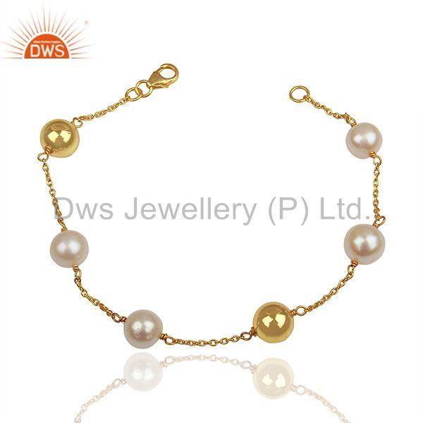 Natural pearl and gold plated 925 silver ball beads chain bracelet