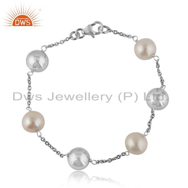 White rhodium plated sterling silver pearl ball beaded bracelet