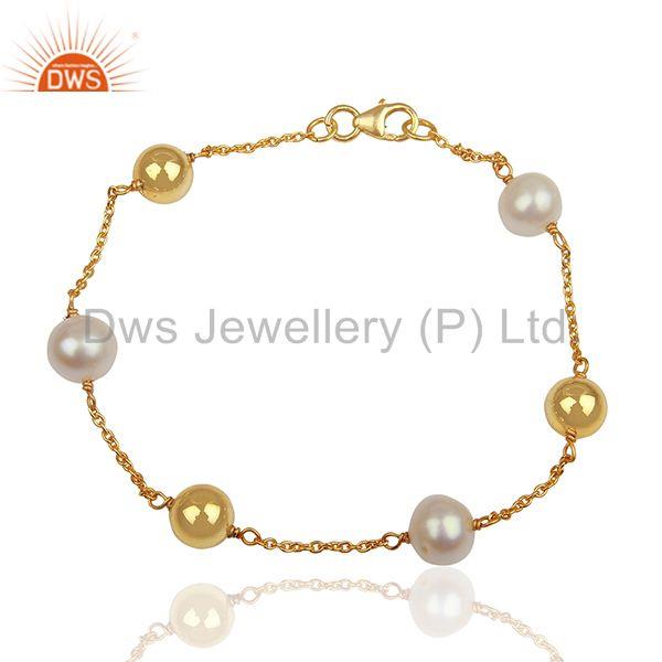 Round pearl and 925 silver ball gold plated chain bracelet jewelry