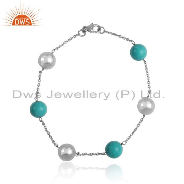 Plain Cultured Turquoise Silver White Rhodium Bracelet