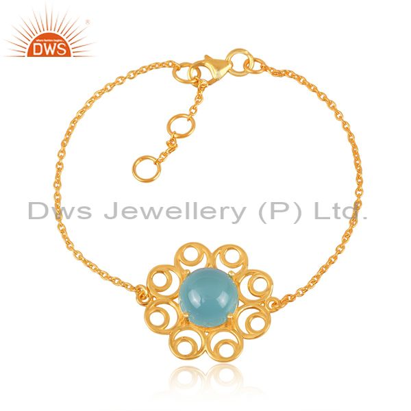 Designer 925 Silver Gold Plated Chalcedony Aqua Gemstone Bracelet