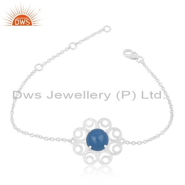 Floral Design 925 Sterling Fine Silver Blue Chalcedony Gemstone Chain Bracelet