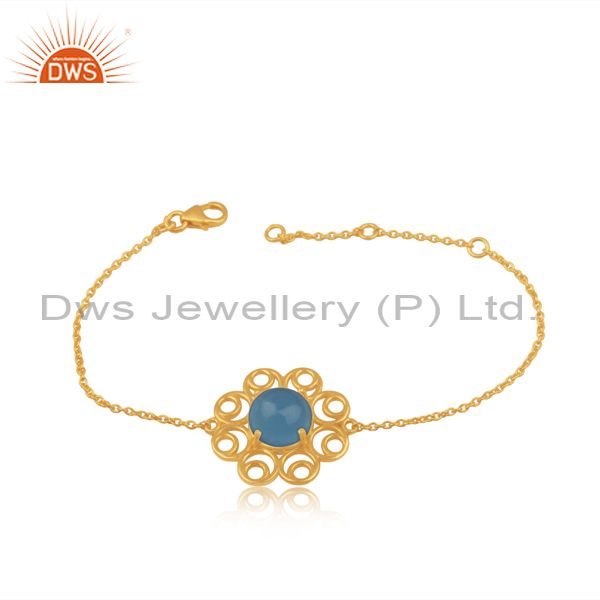 Floral Gold Plated 925 Silver Blue Chalcedony Chain Bracelet Jewelry