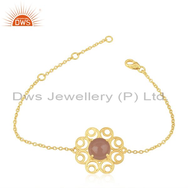 New Designer 925 Silver Gold Plated Rose Chalcedony Gemstone Chain Bracelet