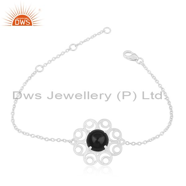 Black Onyx Gemstone 925 Silver Floral Design Bracelet Manufacturer for Brands