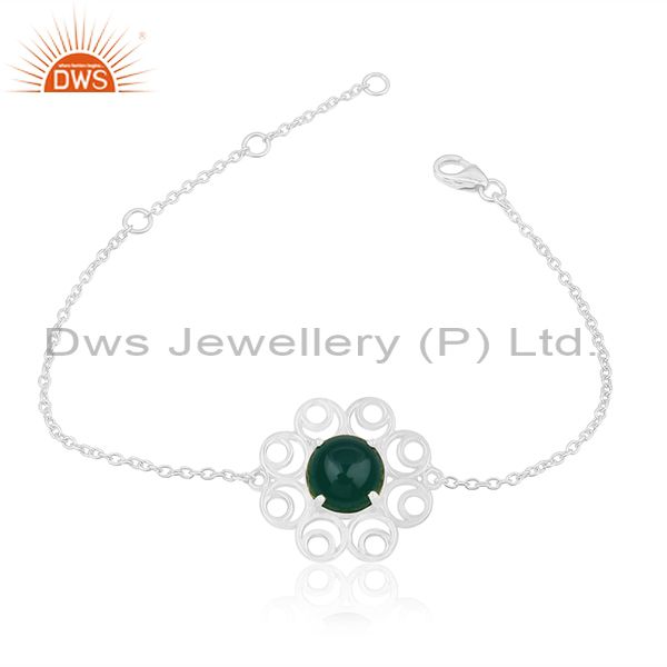 92.5 Sterling Silver Floral Design Green Onyx Gemstone Bracelet For Girls