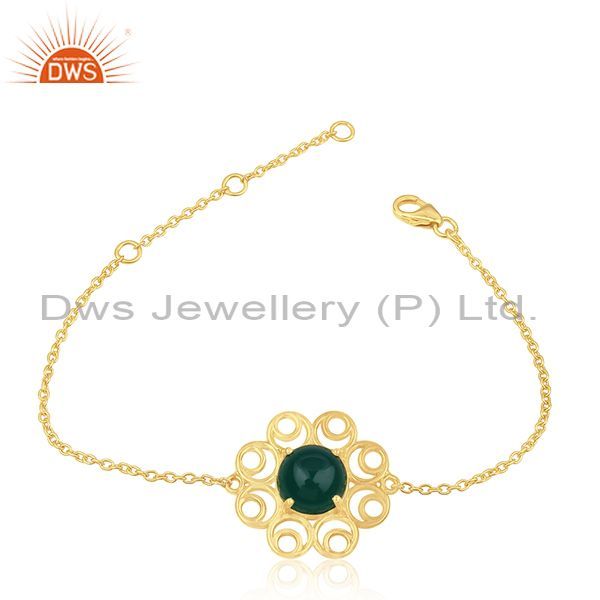 92.5 Silver Gold Plated Green Onyx Gemstone Floral Design Bracelet Manufacturers