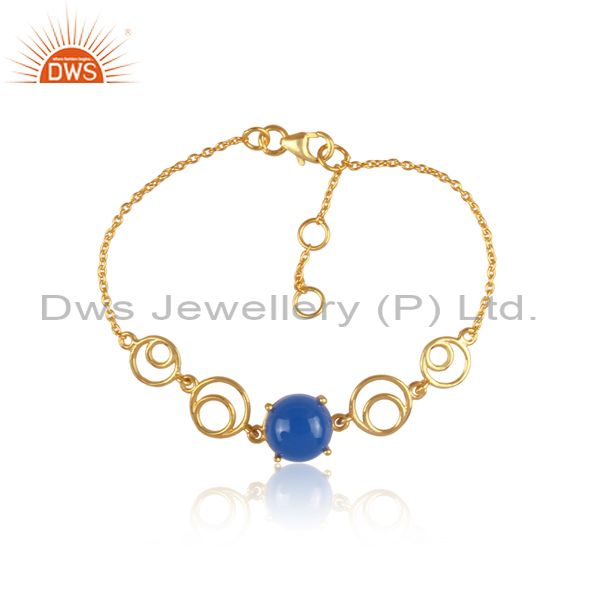 Abstract Round Design 18k Gold Plated 925 Silver Aqua Chalcedony Gemstone Chain Bracelet Jewelry