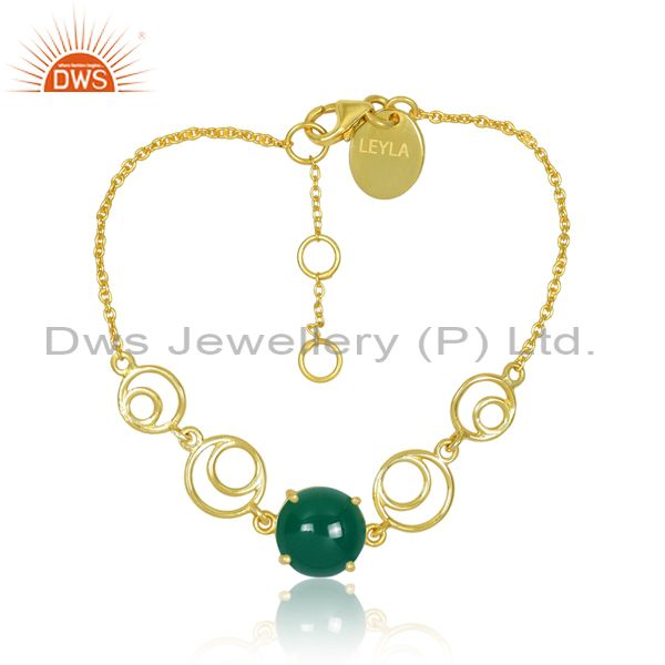 Genuine Green Onyx Gemstone Sterling Silver Gold Plated Chain Bracelet