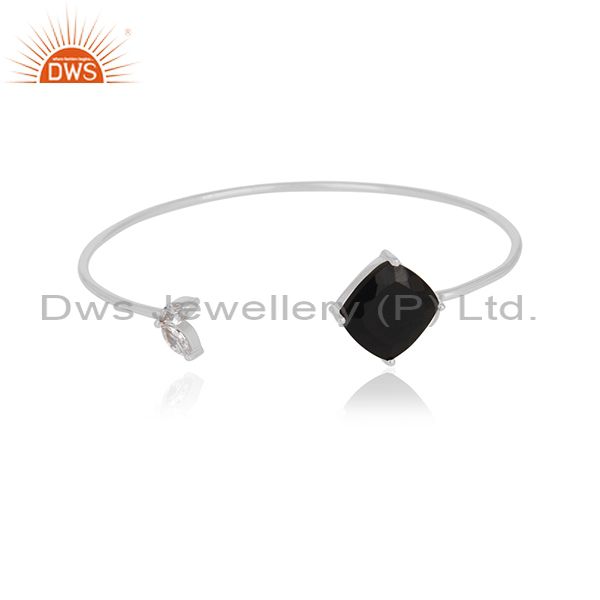 White Zircon and Black Onyx Gemstone 925 Silver Cuff Bracelet Wholesale
