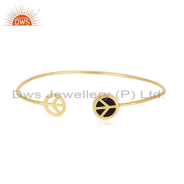 18k gold plated 925 silver onyx lucky peace sign charm cuff bangle