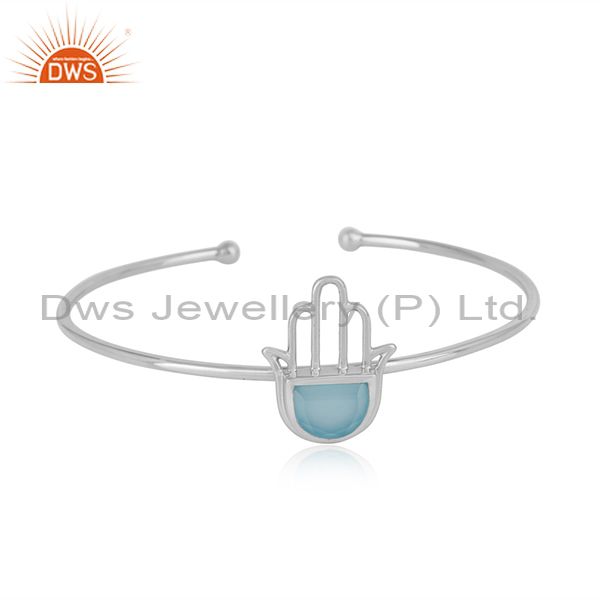 Designer hamsa hand cuff in sterling silver with blue chalcedony