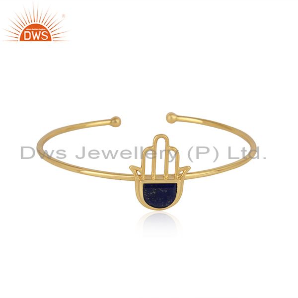 Designer hamsa hand cuff in yellow gold on silver 925 with lapis